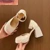 Zapatos de Cuero Mary Jane de Tacón Grueso Moda Retro para Mujer Moda Verano Tacones Altos con Pedrería Suela Gruesa Aumentadores de Altura Zapatos Planos de Punta Redonda