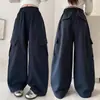 Calça cargo estilo coreano para meninas 2026 nova outono cintura elástica casual bolso grande perna reta larga