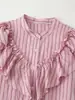 Nueva Moda Primavera y Verano Estilo Europeo y Americano Diseño de Volantes Moda Rayas Decorativas en Capas Camisa para Mujer Mangas Largas Rosa