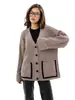 Cardigan de Malha com Design Transfronteiriço Amazon Outono e Inverno 2025 Novo Calça com Bolsos de Aba de Cor Contrastante Suéter com Manga Reversa Jaqueta Feminina