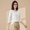 Camiseta básica de manga larga con cuello en U para mujer para otoño, camiseta básica de color liso simple, corte ajustado y top interior favorecedor
