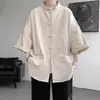 Nuevo Estilo Nacional Chino Botón de Rana Traje Tang Camisa de Manga Media para Hombre Camiseta Cardigan de Manga Corta Delgada Suelta de Verano para Jóvenes