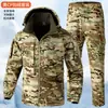 Traje de camuflaje con forro polar para otoño e invierno para hombre con capucha desmontable, chaqueta de trabajo exterior resistente al agua