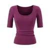 Camiseta Gris de Lyocell Tencel con Cuello en U y Mangas Medias para Mujer 2026 Nuevo Estilo Básico Ajustado Top Versátil