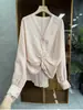 História Suave! Blusa de Linho com Gola V, Caimento Solto e Padrão Irregular Torcido para Mulheres 20251223~Me