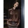 Camisa Larga Elegante Francesa de Nuevo Estilo 2026 en Color Café para Mujer con un Cuello Único Retorcido, Elegante y Lujosa para Ropa de Trabajo