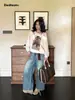 Equipe ideal Jeans Reto Versátil Cropped Lavado Vintage Desgastado para Mulheres 70001