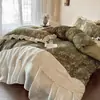 Juego de Cuatro Piezas con Borde de Encaje Bordado Estilo Retro Francés Sábana Suave Lavada Sábana Ajustable Algodón Lino Algodón Puro Textura 100% Algodón