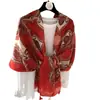 Bufanda roja de algodón y lino estilo étnico exótico con estampado paisley y flecos, chal decorativo fino de verano para proteger del sol