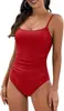Traje de baño de una pieza con tirantes finos y escote cuadrado para mujer, estilo europeo y americano, fruncido lateral en la cintura, ajustado, adelgazante, simple, para resort, aguas termales