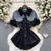 Design de Roupas Femininas Estilo Coreano Senso de Design Costura em Cor Contrastante Redutor de Idade Manga Bufante Cintura Elástica Emagrecedor Moda Camisa Top Versátil