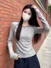 Camiseta retro de manga larga gris estilo americano para mujer, corte ajustado, con mangas raglán, adecuada como capa base o prenda exterior, diseñada para otoño