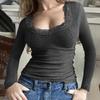 Diyun 2026 Primavera/Verano Transfronterizo Europeo y Americano Top de Color Sólido para Mujer Y2K Casual Ajustado Canalé Cuello en U Encaje Manga Larga Camiseta