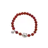 Pulsera de Plata de Ley S925 con Oso Lindo y Cascabel de Ágata Roja Natural Atmósfera Dulce de Año Nuevo Joyería Apilable