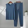 Conjunto Masculino Plus Size Regata Gola Redonda com Calça Lanterna Roupa de Casa Verão Modal Solto Casual Simples Conjunto de Duas Peças
