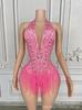 Europeo y Americano Sexy Escote en V Profundo Rosa Borlas Cuentas Malla Latino Gogo Cantante Femenina Danza Traje Modelo Ropa de Performance