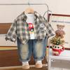 Roupa de Outono para Meninos 2025 Elegante Novo Moderno Infantil Primavera e Outono Camisa Xadrez Conjunto de Três Peças Roupas de Bebê