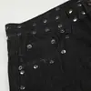 Calça jeans flare masculina com patch bordado de pentagrama e estampa de leopardo no bolso traseiro, calça boca de sino estilo heavy metal