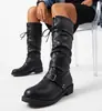 Botas Altas Plisadas Estilo Retro Europeo 2026 para Mujer con Cordones Tacón Grueso Botas Largas Suela Plana Botas de Montar Tallas Grandes Botas para Mujer