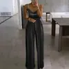 Primavera y verano 2024 Nuevos pantalones de pierna ancha transfronterizos para mujeres europeas y americanas Deseo Vestido de cintura ajustada Elegante mono con tirantes y cuentas
