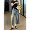 Jeans Reto Tamanho Plus Size Feminino Verão Fino 2026 Novo Verão MM Gordo Emagrecimento Bordado Nove Pontos Calça Wide Leg