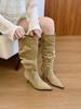 Botas Largas Caídas de Tacón de Aguja Puntiagudas de Color Caqui para Mujer, Otoño 2026, Adecuadas para Combinar con Vestidos, Botas Retro Ajustadas de Media Pantorrilla Estilo Equitación