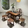 Conjunto de Mesa de Chá e Cadeiras de Madeira Maciça, Nova Mesa de Chá e Conjunto de Chá Estilo Chinês para Escritório, Estação de Preparo de Chá com Uma Mesa e Quatro Cadeiras para Uso Doméstico