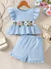 Conjunto de Dos Piezas para Niña de Nuevo Estilo Europeo y Americano Transfronterizo para Verano, Top Bordado Floral con Mangas Volantes y Shorts, Disponible en Stock
