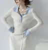 Ss Studio Jersey de Punto de Lana Gris Contrastante para Mujer Otoño e Invierno Manga Larga Camisa Base Top