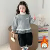 Ropa Infantil Estilo Coreano Ropa de Otoño e Invierno Sudadera de Niña con Costuras a Cuadros Forrada de Polar Top con Lazo para Niños Suéter para Bebé Niña