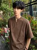 Camiseta masculina refrescante em estilo old money, gola V de manga curta, estilosa e bonita, feita de Tencel Lyocell, manga curta de verão, linho respirável, de alta qualidade