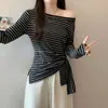 Camiseta de manga larga a rayas de alta calidad, 40 hilos, 1x1, algodón puro, talla grande para mujer, nuevo estilo otoño 2026, cintura irregular fruncida