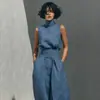 2026 Primavera Europea y Americana Nuevo Estilo Amazon Color Sólido Elegante Sencillo para Mujer Top sin Mangas de Mezcla y Pantalones de Pierna Ancha