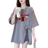 Camiseta Casual Holgada de Algodón con Aberturas Laterales y Tirantes de Lazo para Mujer, Marca Trendy de Calle Graffiti de Longitud Media Adelgazante Versátil Top Ins