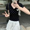 Tiro Real # Camiseta Blanca de Encaje en el Dobladillo de las Orejas con Lunares y Cuello en V de Manga Corta para Mujer Diseño de Verano Camisa Corta