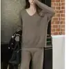 Traje de Moda con Suéter de Abertura para Mujer Otoño e Invierno Nuevo Estilo Coreano Holgado de Cintura Alta Casual Pantalones de Pierna Ancha Conjunto de Dos Piezas Tendencia