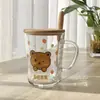 Copo de Vidro com Canudo, Copo para Café da Manhã com Leite, Copo Escala Desenho Animado Fofo, Tampa e Colher, Presente com Logo Impresso
