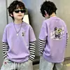 Camiseta de algodón 100% pura para niño, nueva de 2026, ropa infantil, imitación de dos piezas, manga larga, rayas, retazos, para primavera y otoño