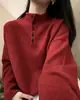 Nova coleção outono e inverno: Suéter 100% lã pura para mulheres, com gola alta semiaberta, corte amplo e relaxado, e cor vermelha, perfeito como camada base