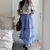 Falda de princesa a cuadros con volantes estilo vintage para mujer de Dongdaemun, Corea, falda larga de varias capas estilo vacacional