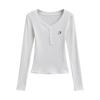 Camiseta de manga larga para mujer, top de punto fino elástico para primavera 2024, con botón bordado en el pecho y cuello tipo Henry
