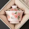 Fabricante Rosa Melocotón Tazón Cubierto de Flor de Melocotón Pintado a Mano Juego de Té Kung Fu Individual Infusor de Té Tazón de Té Cerámico No Caliente con Tapa