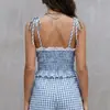 2026 Verano nuevo a cuadros transfronterizo europeo y americano para mujer, ajuste slim, con lazo, encaje de moda, estilo casual, camisola
