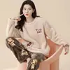Pijamas Nuevos de Otoño e Invierno para Mujer, Franela Engrosada, Pantalones Largos Casuales de Dibujos Animados Dulces, Ropa de Casa de Terciopelo Coral para Mujer