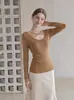 Novo Outono Estilo Francês Leve Maduro Gola de Lapela Renda Patchwork Modelagem Slim Fit Top de Tricô Feminino