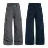Pantalones cargo de pierna ancha multibolsillos decolorados de color liso y deconstruidos, nuevos pantalones casuales básicos simples sueltos estilo japonés de otoño