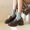 Zapatos de Cuero Pequeños de Tacón Alto con Suela Gruesa y Punta Redonda para Mujer Estilo Coreano Tacón Grueso Slip-On Mocasines de Celebridad de Internet Zapatos de Mujer de Moda