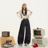 Jeans Cargo Americano High Street com Múltiplos Bolsos Design Outono e Inverno Largo Wide-Leg Calça Scimitar Azul Escuro
