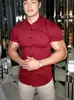 Camisa de Manga Corta con Solapa Madura Transfronteriza Elástica Color Sólido Cardigan Casual Diario Camisa de Negocios sin Planchar