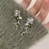 Pendientes de Flor de Rosa Plateada, Pendientes Exquisitos de Alta Gama Estilo Coreano con Forma de Corazón Verde Oliva, Pendientes Florales de Primavera